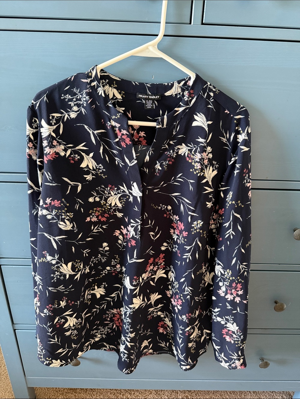 Hilary Radley Navy Floral Buttonless Blouse